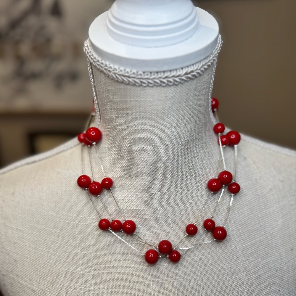 5 for $30 Silver and Red Beaded Multi-strand Necklace - Picture 2 of 5